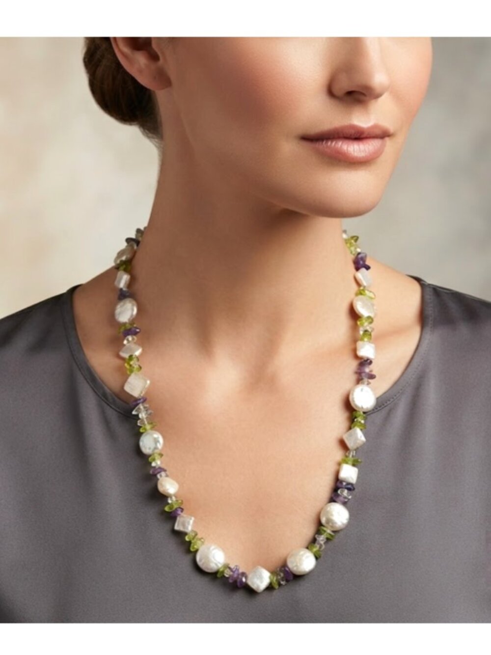 Necklace Genuine White FW Pearls Amethyst Period Citrine Gemstones Clasp 28" L